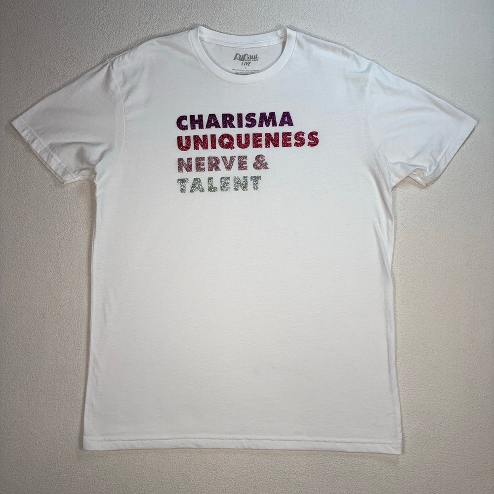 RuPaul Drag Race Glitter T-Shirt Men' s L White Charisma Uniqueness Nerve Talent
